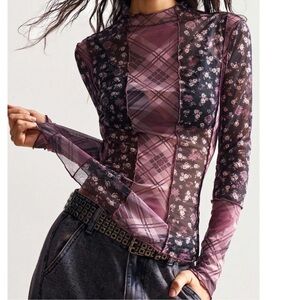 Boho Floral Plaid Print Reverse Stitch Semi Sheer Top S M L XL